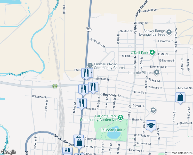 map of restaurants, bars, coffee shops, grocery stores, and more near 415 Mitchell Street in Laramie