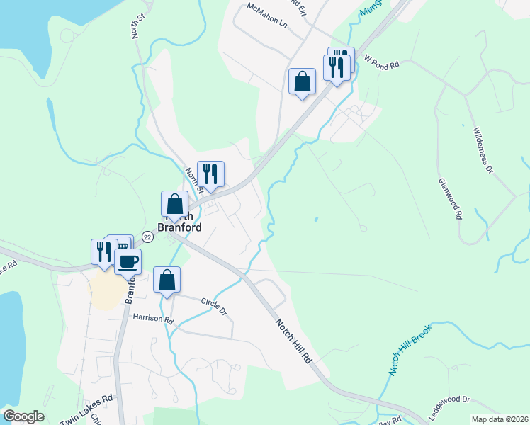 map of restaurants, bars, coffee shops, grocery stores, and more near 1739 Foxon Road in North Branford