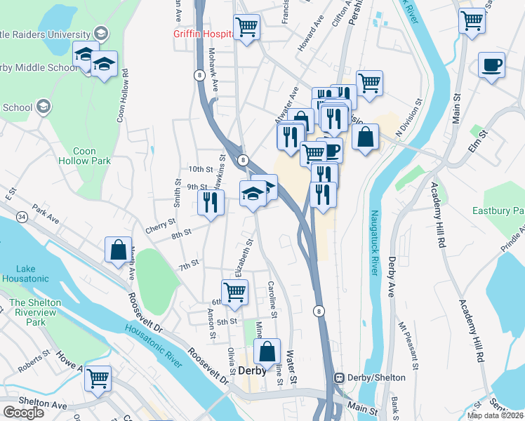 map of restaurants, bars, coffee shops, grocery stores, and more near 9 Garden Place in Derby