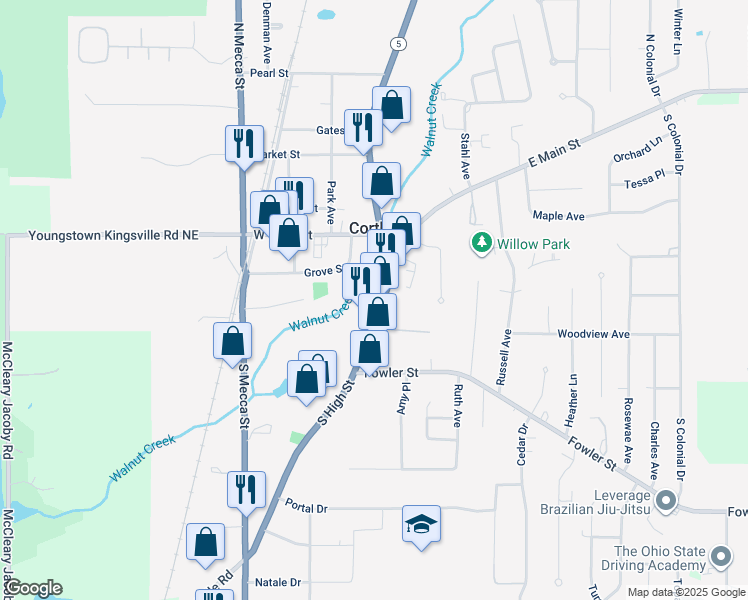 map of restaurants, bars, coffee shops, grocery stores, and more near 186 South High Street in Cortland