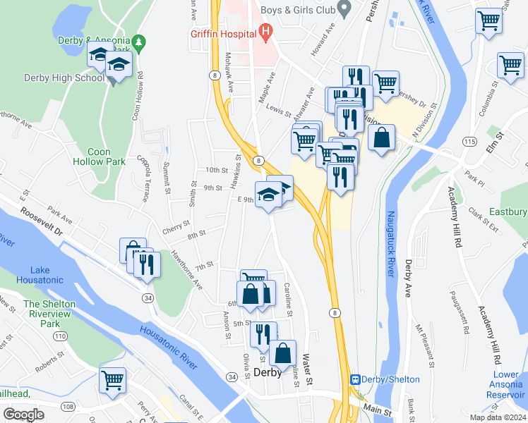 map of restaurants, bars, coffee shops, grocery stores, and more near 24 Seymour Avenue in Derby