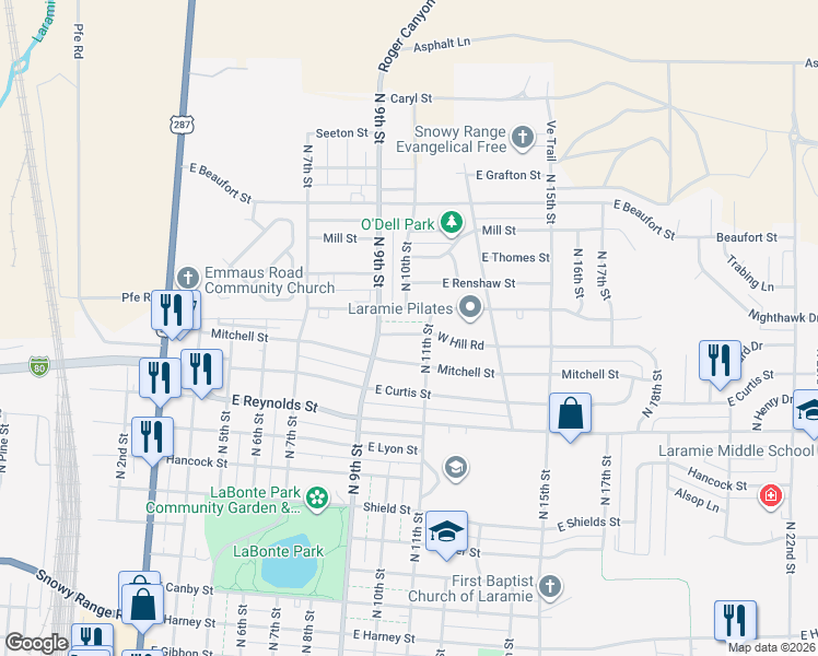 map of restaurants, bars, coffee shops, grocery stores, and more near 1011 West Hill Road in Laramie