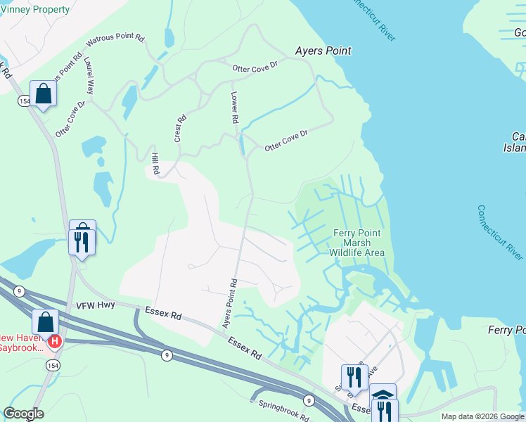 map of restaurants, bars, coffee shops, grocery stores, and more near 96 Ayers Point Road in Old Saybrook
