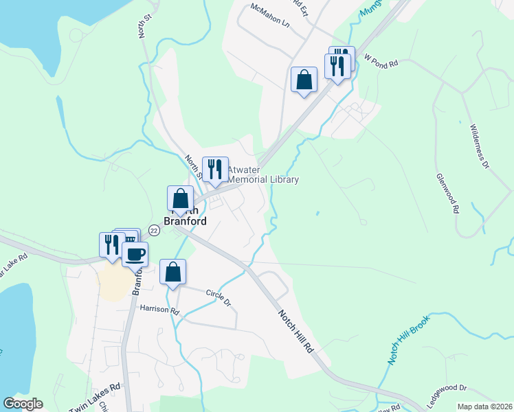 map of restaurants, bars, coffee shops, grocery stores, and more near 1739 Foxon Road in North Branford