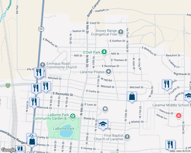 map of restaurants, bars, coffee shops, grocery stores, and more near 1011 West Hill Road in Laramie