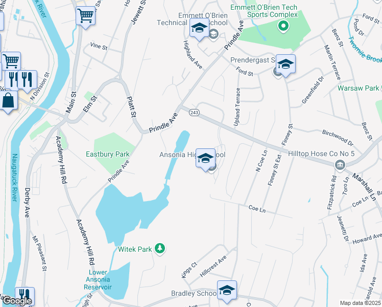 map of restaurants, bars, coffee shops, grocery stores, and more near 20 Pulaski Highway in Ansonia