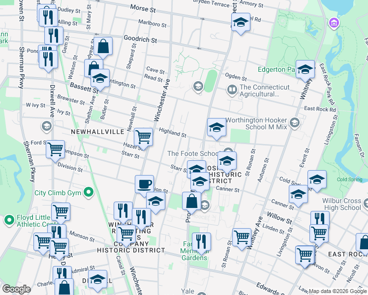 map of restaurants, bars, coffee shops, grocery stores, and more near 468 Mansfield Street in New Haven