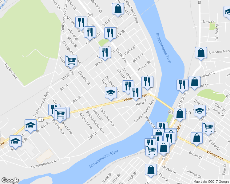 map of restaurants, bars, coffee shops, grocery stores, and more near 109 Carpenter Street in Luzerne County