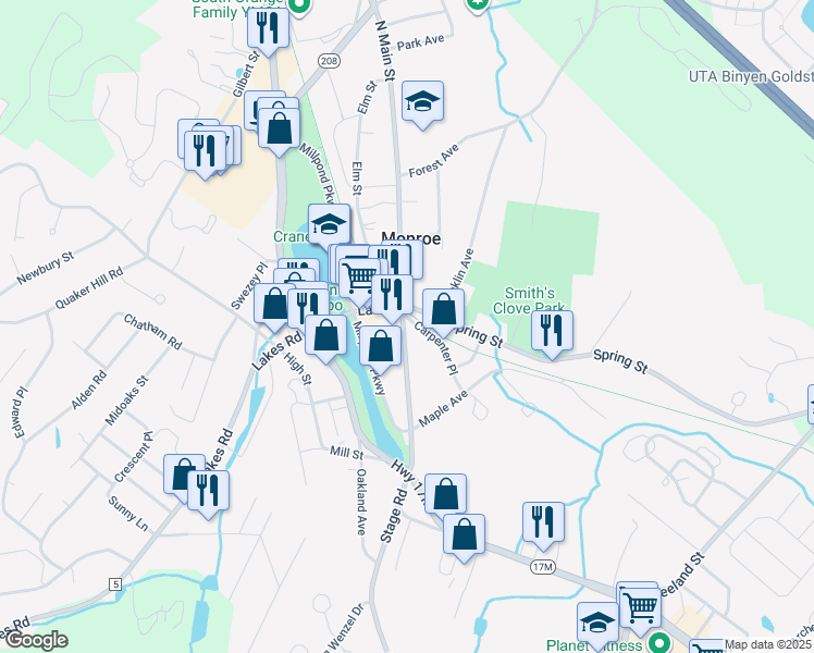 map of restaurants, bars, coffee shops, grocery stores, and more near 16 Stage Road in Monroe