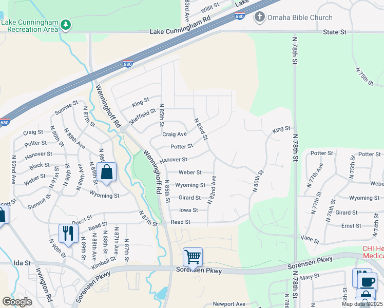 map of restaurants, bars, coffee shops, grocery stores, and more near 8342 Hanover Street in Omaha