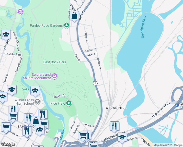 map of restaurants, bars, coffee shops, grocery stores, and more near 1678 State Street in Hamden