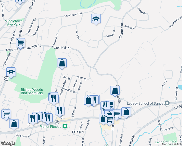 map of restaurants, bars, coffee shops, grocery stores, and more near 5 Englewood Drive in East Haven