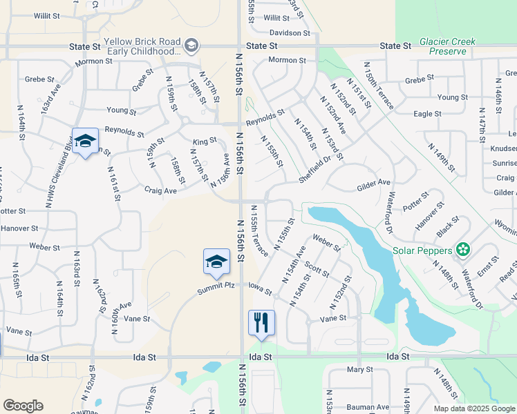 map of restaurants, bars, coffee shops, grocery stores, and more near 14005 North 155th Terrace in Bennington