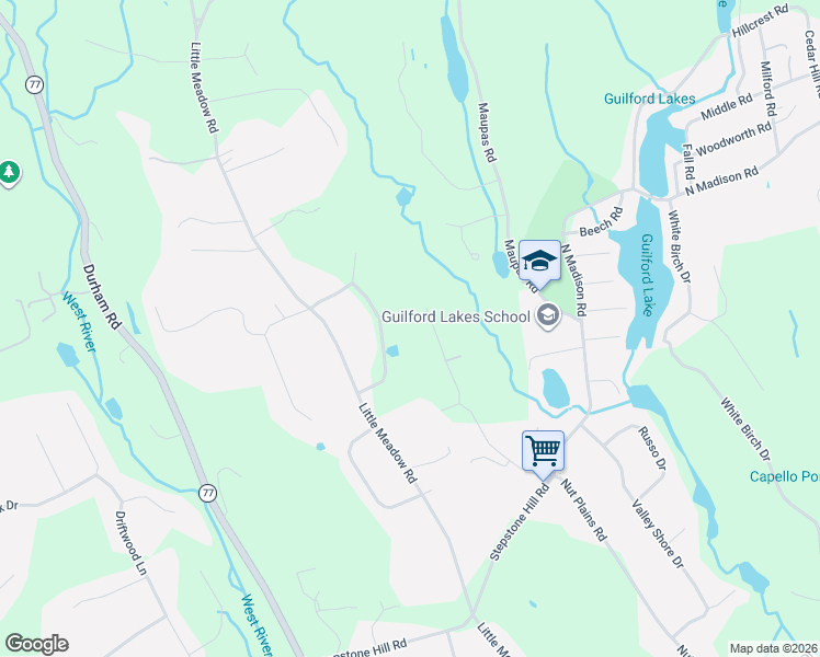 map of restaurants, bars, coffee shops, grocery stores, and more near 79 Winthrop Road in Guilford