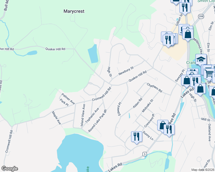map of restaurants, bars, coffee shops, grocery stores, and more near 354 Cromwell Hill Road in Monroe