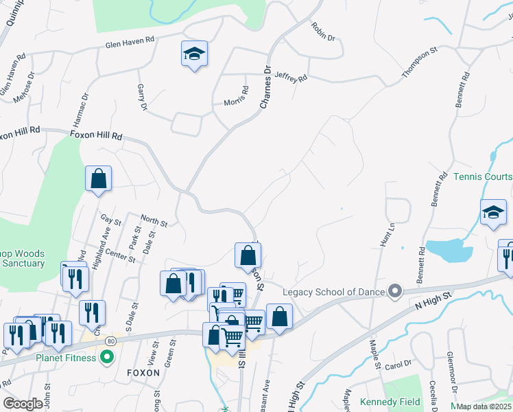 map of restaurants, bars, coffee shops, grocery stores, and more near 183a Thompson Street in East Haven