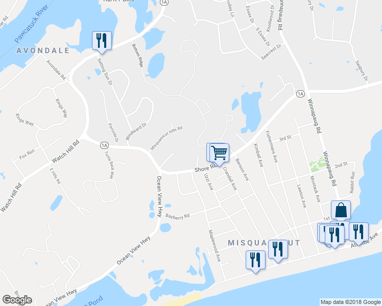 map of restaurants, bars, coffee shops, grocery stores, and more near 10 Newall Terrace in Westerly