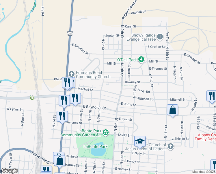 map of restaurants, bars, coffee shops, grocery stores, and more near 708 Downey Street in Laramie
