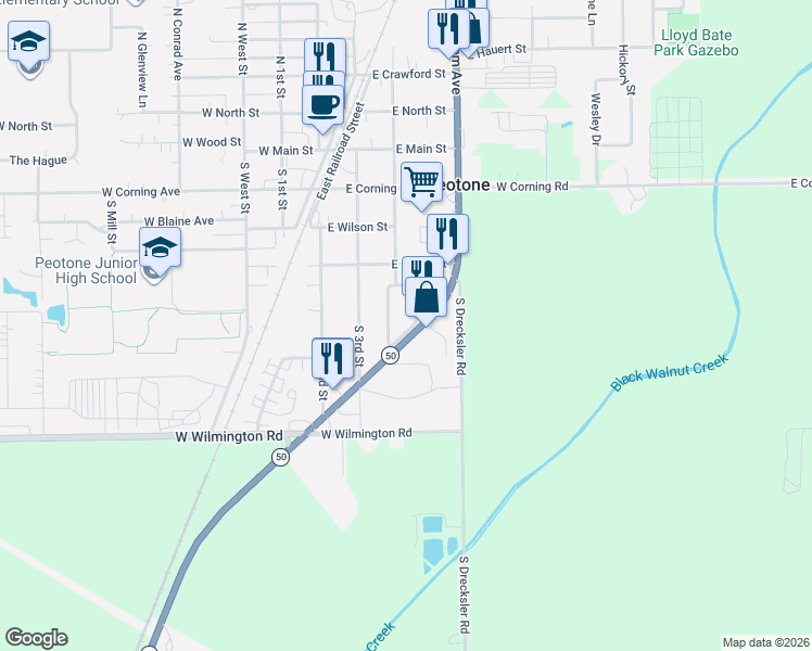 map of restaurants, bars, coffee shops, grocery stores, and more near 436 Ahlborn Drive in Peotone