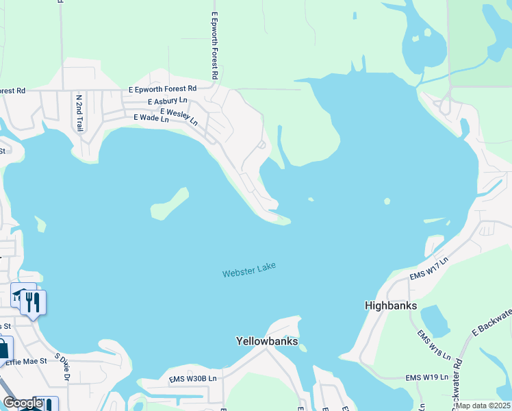 map of restaurants, bars, coffee shops, grocery stores, and more near 8781 East Wesley Lane in North Webster