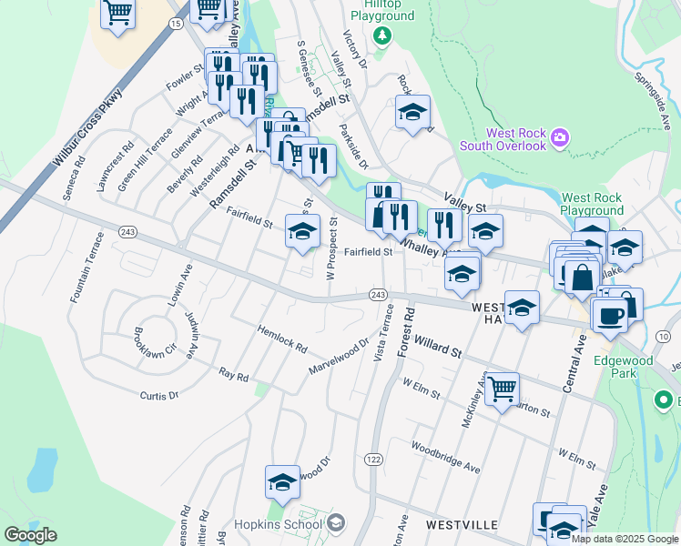 map of restaurants, bars, coffee shops, grocery stores, and more near 31 West Prospect Street in New Haven