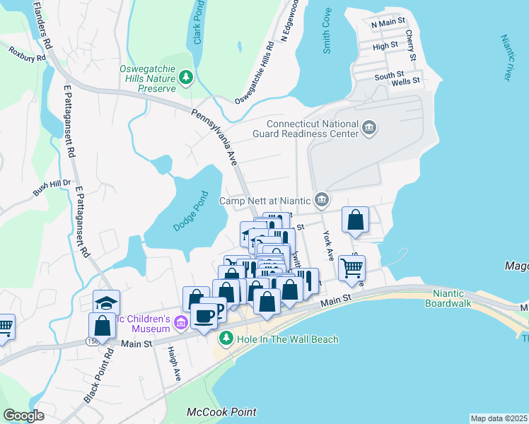 map of restaurants, bars, coffee shops, grocery stores, and more near 46 Smith Street in East Lyme