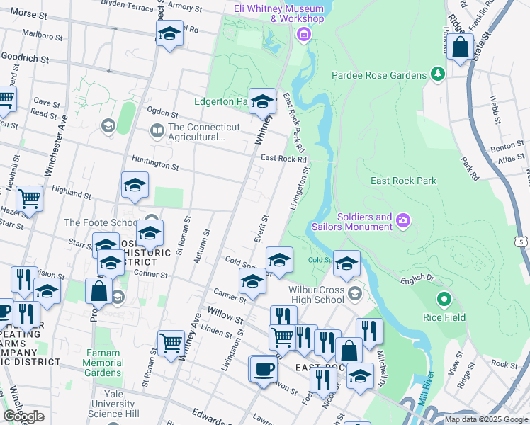 map of restaurants, bars, coffee shops, grocery stores, and more near 140 Everit Street in New Haven