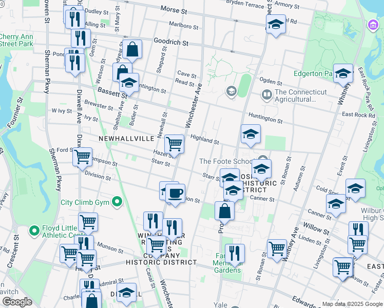 map of restaurants, bars, coffee shops, grocery stores, and more near 144 Sheffield Avenue in New Haven