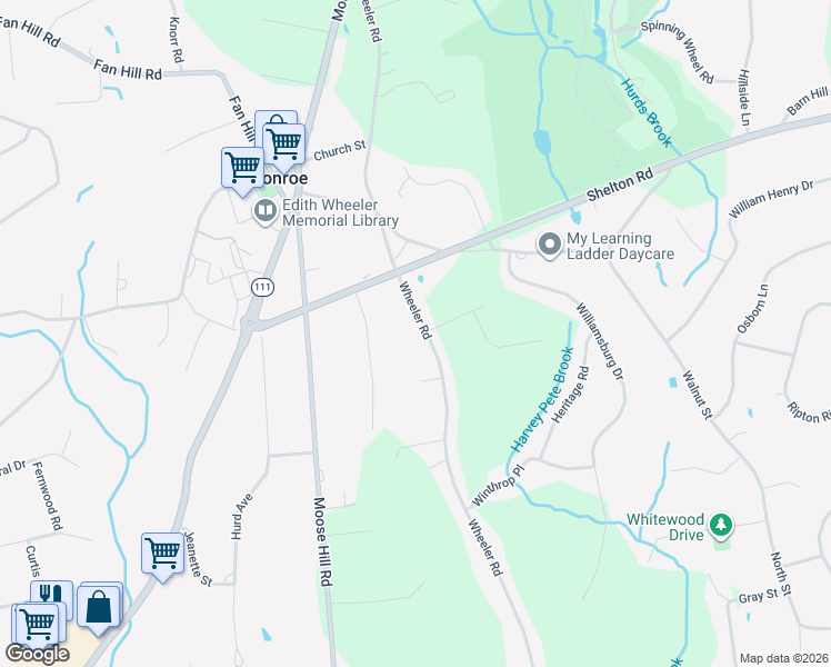 map of restaurants, bars, coffee shops, grocery stores, and more near 246 Wheeler Road in Monroe