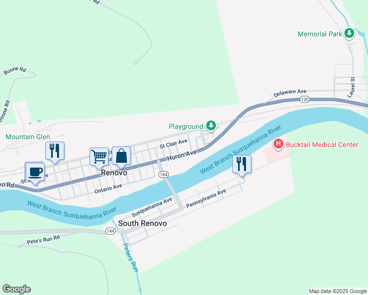 map of restaurants, bars, coffee shops, grocery stores, and more near 148 13th Street in Renovo