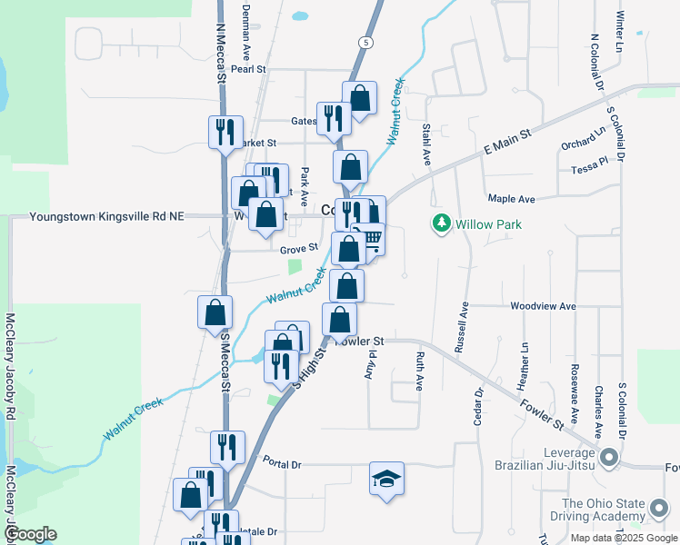 map of restaurants, bars, coffee shops, grocery stores, and more near 186 South High Street in Cortland