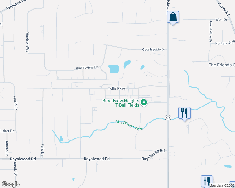 map of restaurants, bars, coffee shops, grocery stores, and more near 719 Tollis Parkway in Broadview Heights