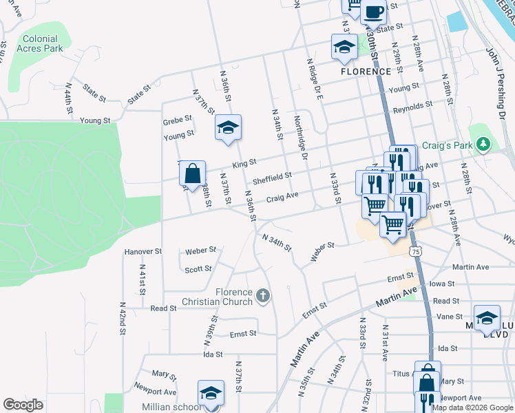 map of restaurants, bars, coffee shops, grocery stores, and more near 3445 Craig Avenue in Omaha