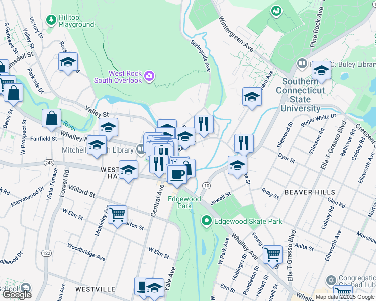 map of restaurants, bars, coffee shops, grocery stores, and more near 446A Blake Street in New Haven