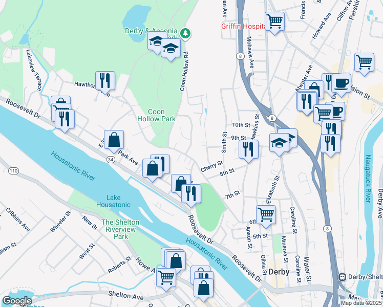 map of restaurants, bars, coffee shops, grocery stores, and more near 131 Hawthorne Avenue in Derby
