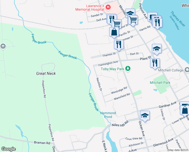 map of restaurants, bars, coffee shops, grocery stores, and more near 177 Nautilus Drive in New London