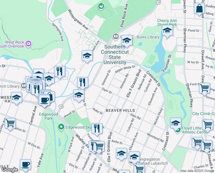 map of restaurants, bars, coffee shops, grocery stores, and more near 14 Roger White Drive in New Haven