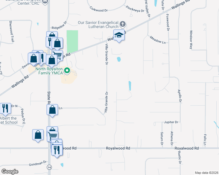 map of restaurants, bars, coffee shops, grocery stores, and more near 11361 Villa Grande Drive in North Royalton
