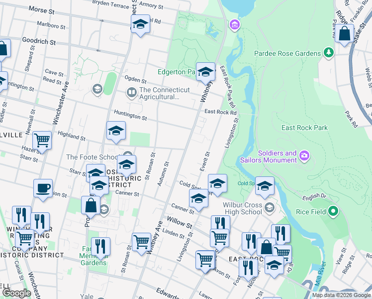 map of restaurants, bars, coffee shops, grocery stores, and more near Whitney Avenue & Highland Street in New Haven