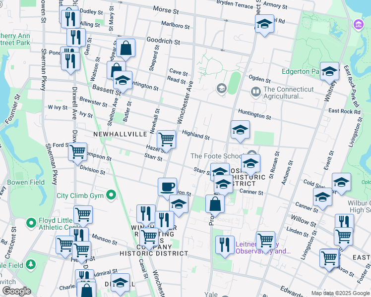 map of restaurants, bars, coffee shops, grocery stores, and more near 144 Sheffield Avenue in New Haven