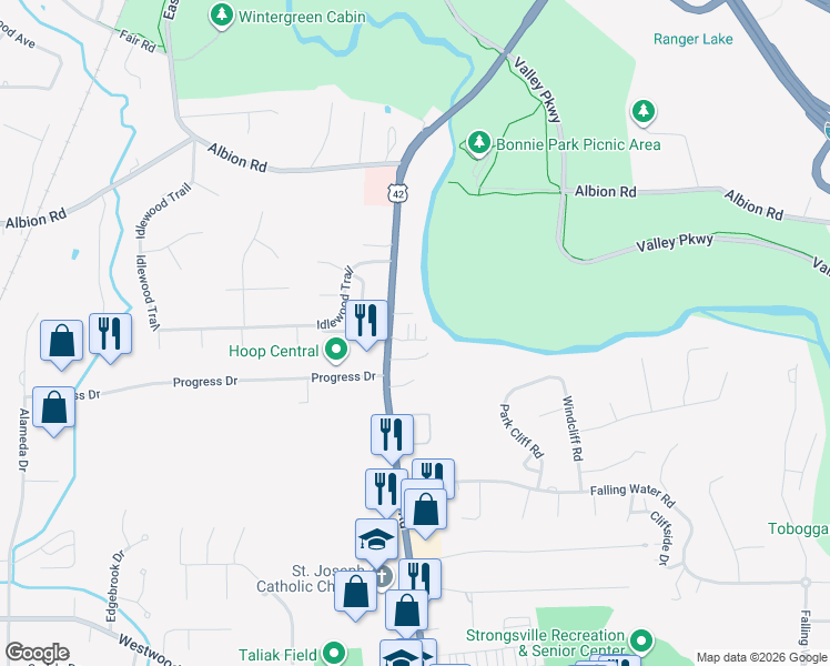 map of restaurants, bars, coffee shops, grocery stores, and more near 11547 Pearl Road in Strongsville