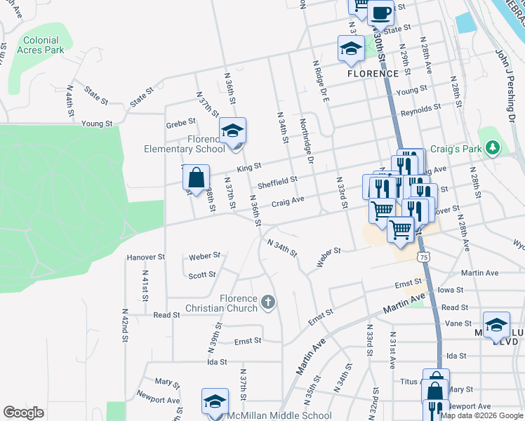 map of restaurants, bars, coffee shops, grocery stores, and more near 3445 Craig Avenue in Omaha