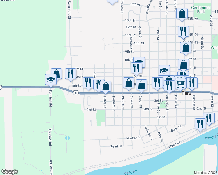 map of restaurants, bars, coffee shops, grocery stores, and more near 2620 5th Street in Peru