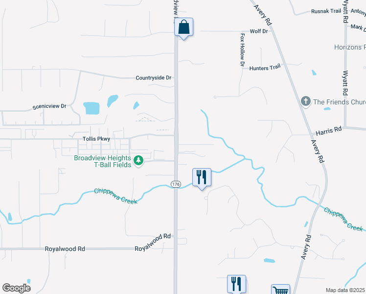 map of restaurants, bars, coffee shops, grocery stores, and more near 8727 Broadview Road in Broadview Heights