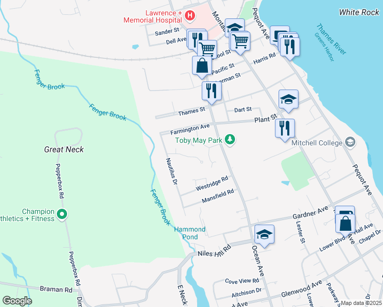 map of restaurants, bars, coffee shops, grocery stores, and more near 48 Nob Hill Road in New London