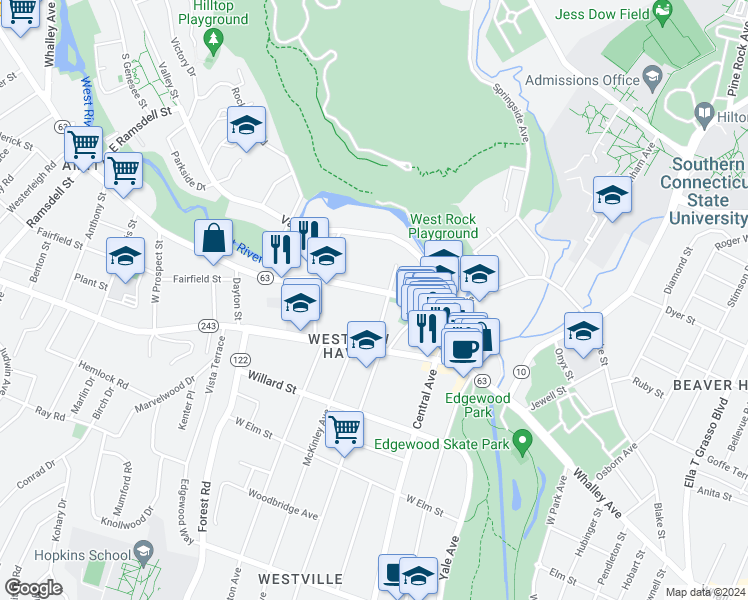 map of restaurants, bars, coffee shops, grocery stores, and more near 986 Whalley Avenue in New Haven