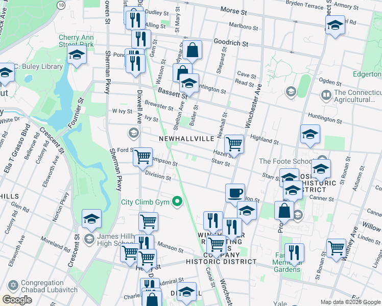 map of restaurants, bars, coffee shops, grocery stores, and more near 235 Starr Street in New Haven