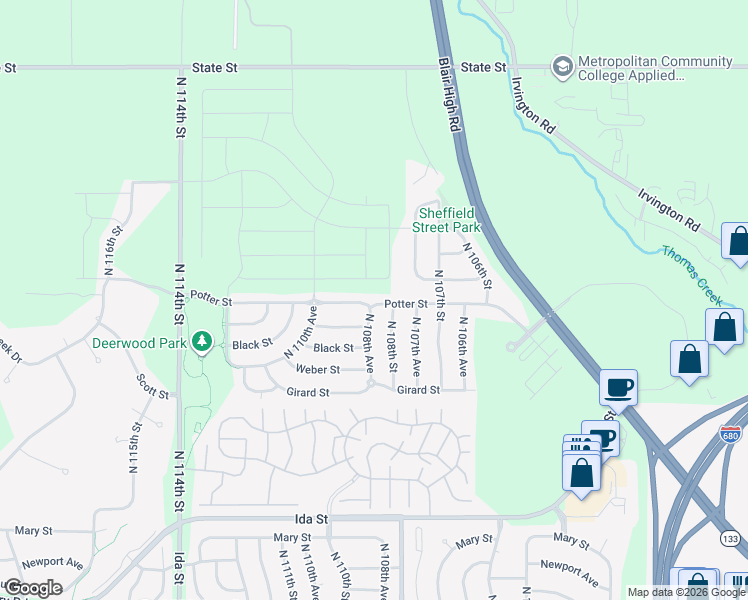 map of restaurants, bars, coffee shops, grocery stores, and more near 10828 Potter Street in Omaha