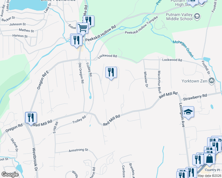 map of restaurants, bars, coffee shops, grocery stores, and more near 21 East Hill Road in Cortlandt