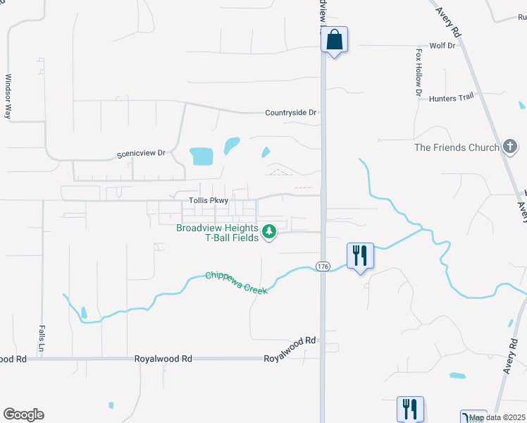 map of restaurants, bars, coffee shops, grocery stores, and more near 485 Tollis Parkway in Broadview Heights